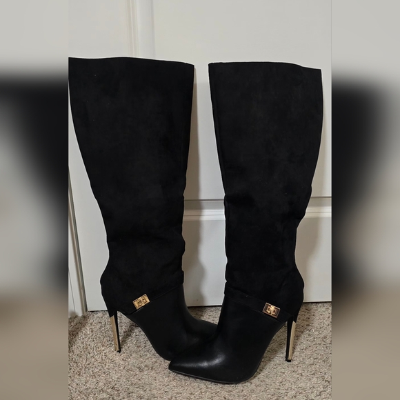 JustFab Shoes - JustFab Black Over-the-Knee Stiletto Boots with Gold Trim